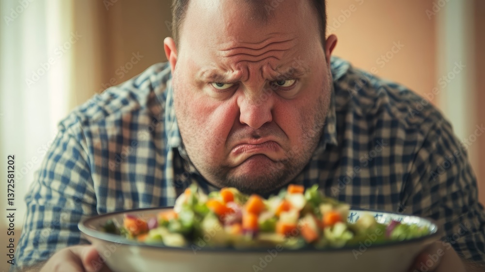 Displeased overweight man looking at bowl of fresh vegetable salad Displeased overweight man looking at bowl of fresh vegetable salad