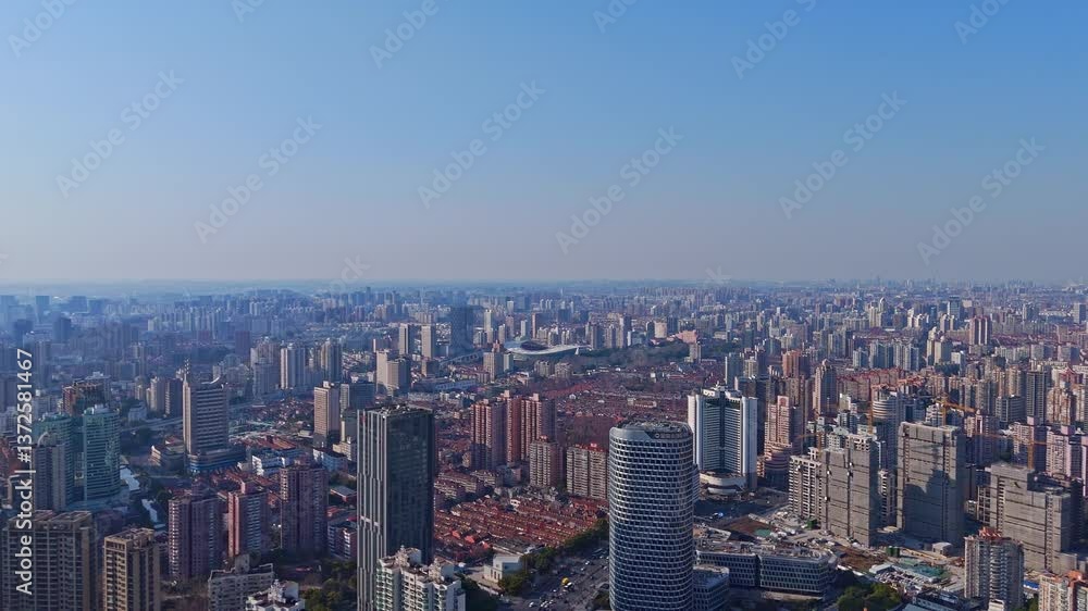 4K real time Aerial view of Shanghai modern buildings and traditional residential buildings in sunny day. 4K real time Aerial view of Shanghai modern buildings and traditional residential buildings in sunny day.
