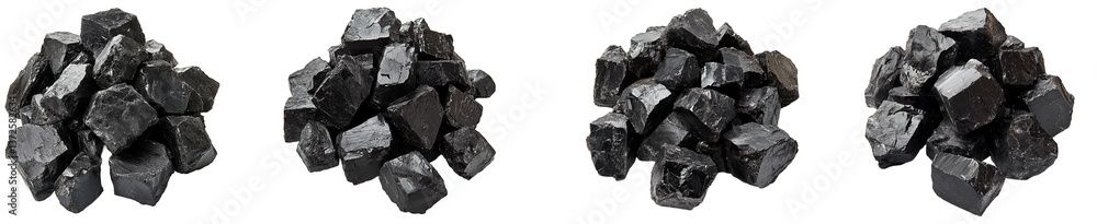 Collection of Rough, Shiny Black Tourmaline Mineral Chunks on Transparent Background Collection of Rough, Shiny Black Tourmaline Mineral Chunks on Transparent Background