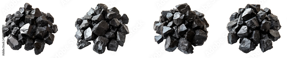 Four Groups of Glossy Anthracite Coal on Transparent Background, Mining Resource Four Groups of Glossy Anthracite Coal on Transparent Background, Mining Resource