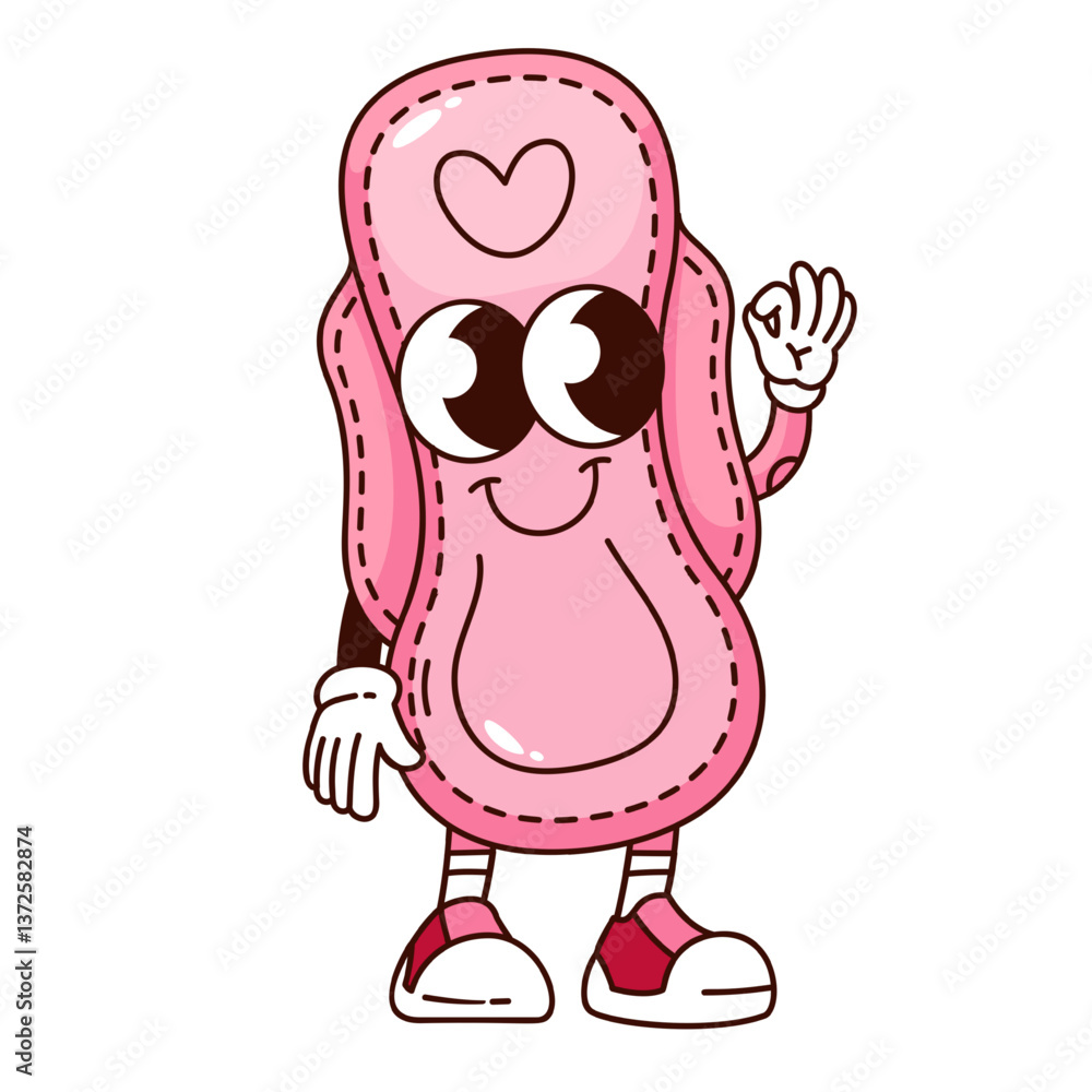 Groovy sanitary napkin cartoon character with OK sign. Funny retro absorbent cotton towel for feminine hygiene. Menstruation mascot, cartoon sanitary pad sticker of 70s 80s style vector illustration Groovy sanitary napkin cartoon character with OK sign. Funny retro absorbent cotton towel for feminine hygiene. Menstruation mascot, cartoon sanitary pad sticker of 70s 80s style vector illustration