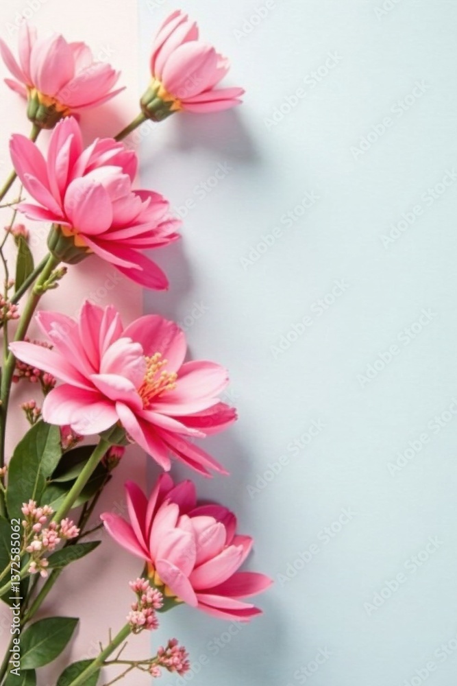 Fototapeta premium Delicate Pink Blossoms Arranged on a Pastel Background, Creating a Serene and Elegant Floral Composition Perfect for Invitations, Greeting Cards, or Decorative Purposes