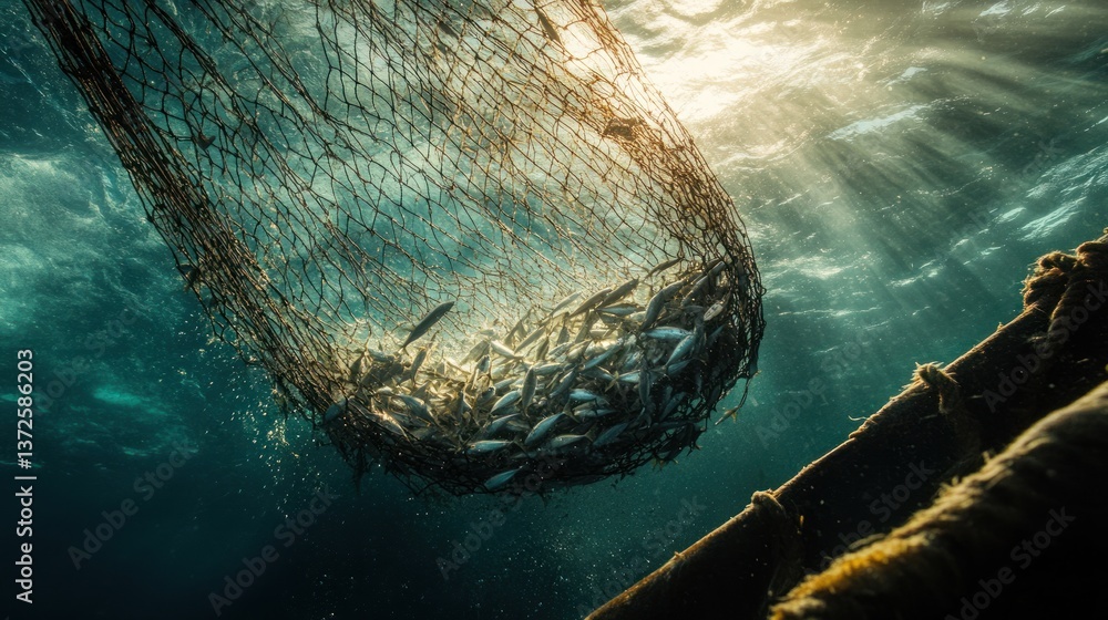 Underwater fishing net full of fish, sunlight rays, ocean depths