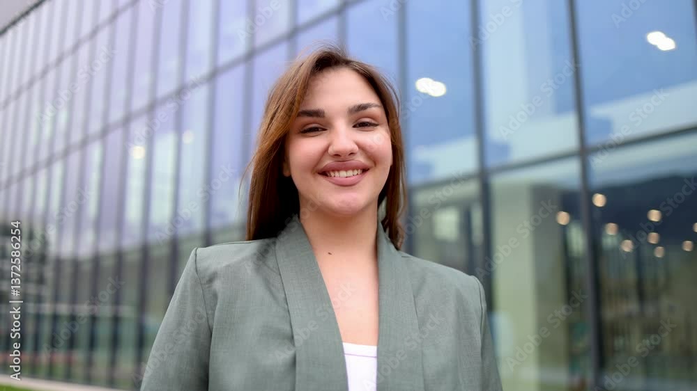 Young businesswoman smiling in front of modern office building Young businesswoman smiling in front of modern office building
