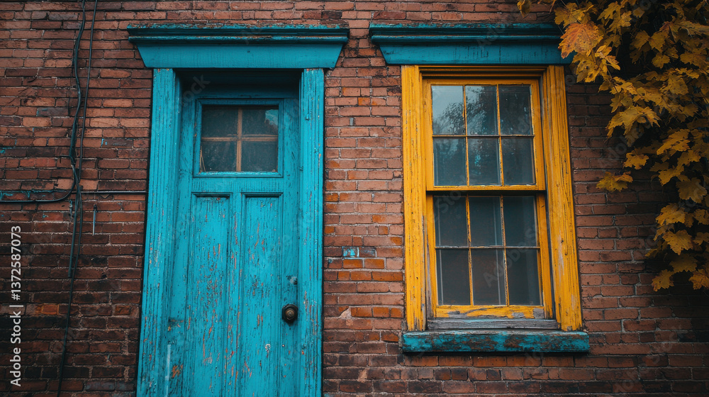 vibrant blue door and yellow window on rustic brick wall with autumn leaves vibrant blue door and yellow window on rustic brick wall with autumn leaves