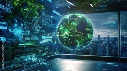 A futuristic AI powered climate change modeling system, simulating real-time weather patterns and projecting long-term environmental impacts, lab setting