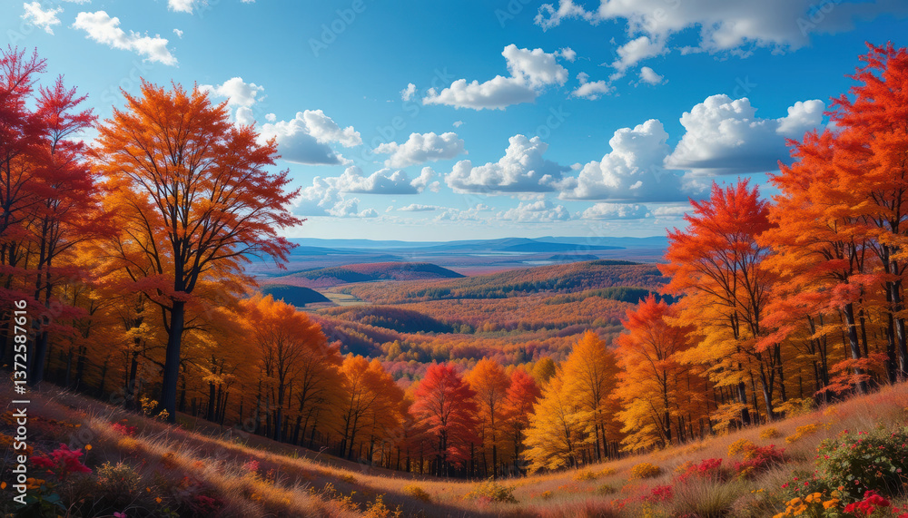 Fototapeta premium panorama of autumn splendor unfolds beneath cerulean sky, showcasing vibrant orange and red foliage