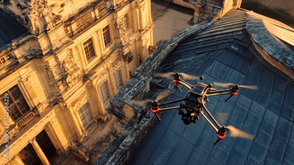 Drone inspecting the roof of an old baroque architecture building facade