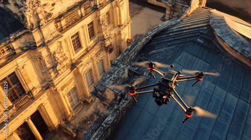 Drone inspecting the roof of an old baroque architecture building facade