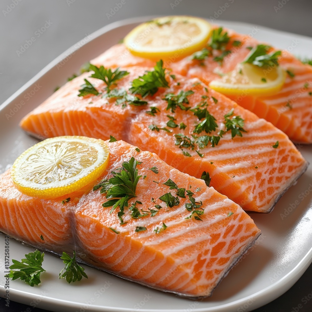 Three Fresh Salmon Fillets Garnished with Lemon and Parsley on a White Plate a Culinary Delight Three Fresh Salmon Fillets Garnished with Lemon and Parsley on a White Plate a Culinary Delight