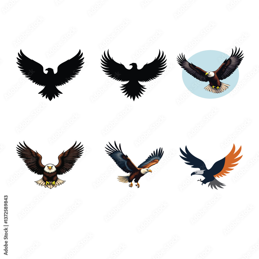 Obraz premium Set of Bald Eagle Silhouette Vector Illustrations.