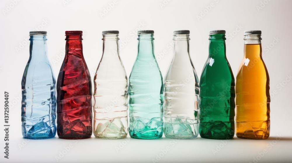 Colorful glass bottles standing in a line on white background. Used plastic bottles standing on a countertop. Shattered glass bottles isolated on white. Environmental Pollution Concept. Colorful glass bottles standing in a line on white background. Used plastic bottles standing on a countertop. Shattered glass bottles isolated on white. Environmental Pollution Concept.