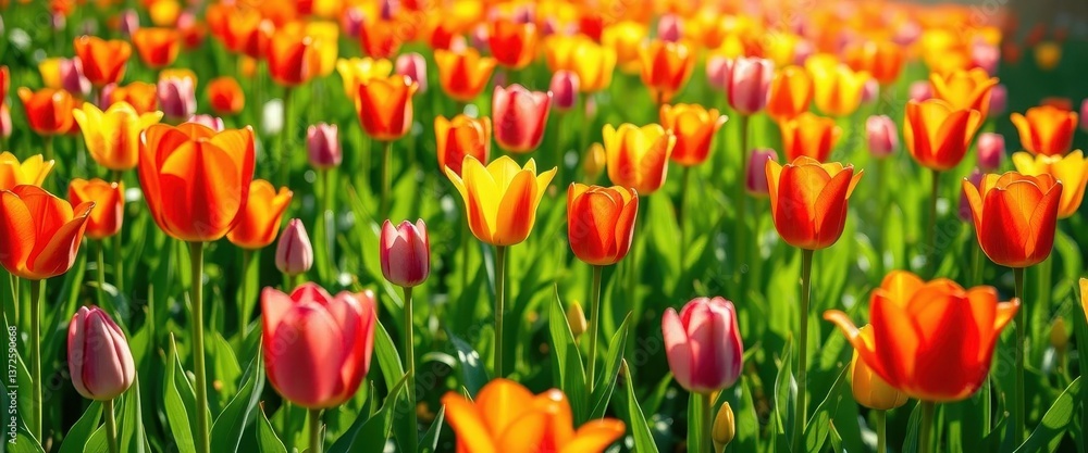 Obraz premium Vibrant tulips in a sun-drenched meadow, showcasing a kaleidoscope of colors, vibrant, daylight, field
