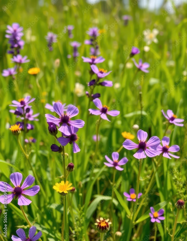 Vibrant violet wildflowers in a sun-drenched summer meadow, stem, season, serenity Vibrant violet wildflowers in a sun-drenched summer meadow, stem, season, serenity