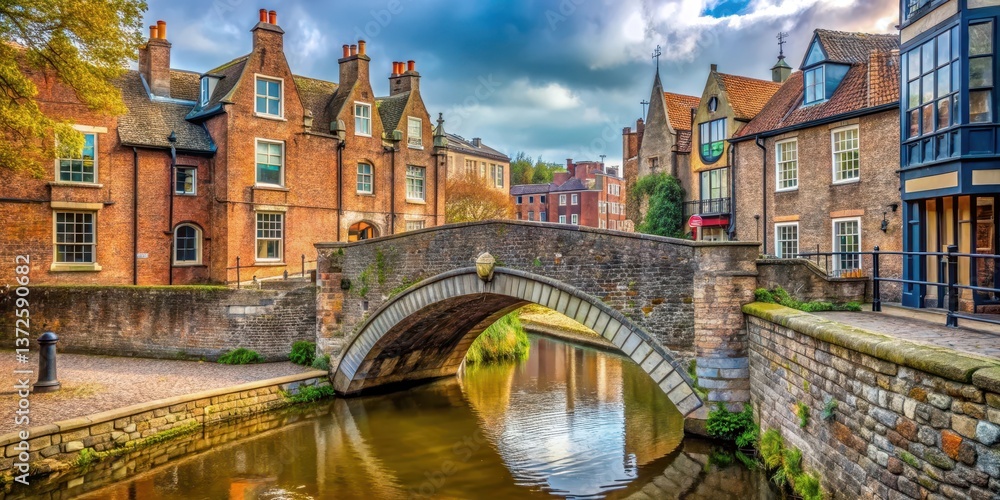 Obraz premium A small stone and brick bridge over a stream in the historic city of Norwich, England, with a pedestrian crossing through the center, historic city, architecture
