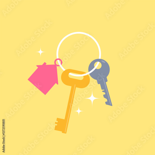 key with house keychain.  Buy or sell building icon or print. Mortgage loan. Housing for rent. Template for sale, rent home. rent house, concept.