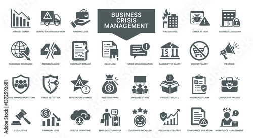 business crisis management collection icons, economic recession merger failure data leaks, Management Detection Damage Reputation Investor Crisis Panic Team Fraud