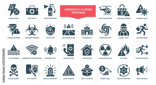 emergency crisis situations requiring preparedness response actions icons, Biohazard Tornado Pandemic Lockdown