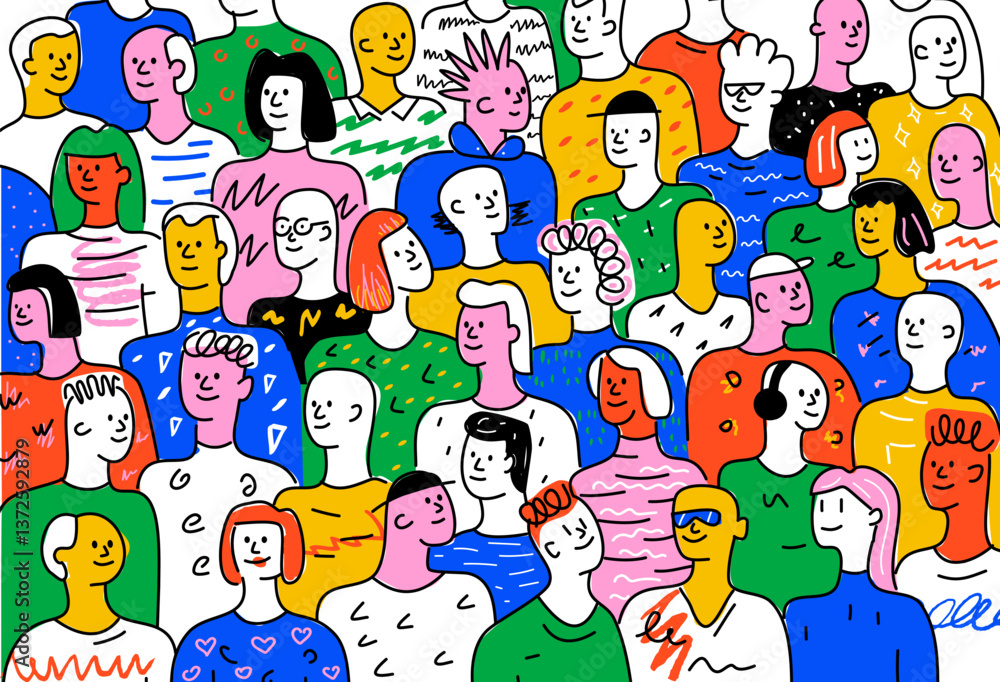 A vivid and diverse illustration of the crowd, which depicts a mass of stylized doodle figures with unique hairstyles, clothes and facial expressions. A symbol of diversity, community. A vivid and diverse illustration of the crowd, which depicts a mass of stylized doodle figures with unique hairstyles, clothes and facial expressions. A symbol of diversity, community.