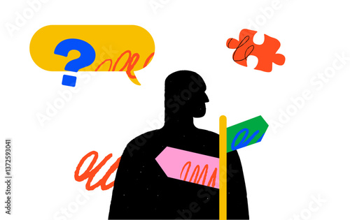A conceptual and vivid illustration with a silhouette of a man standing next to two directional signs, a question mark and a piece of a puzzle on a white background. The metaphor of choice.