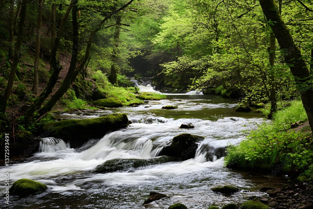 Fototapeta premium Verdant forest scene with a flowing river and mossy rocks