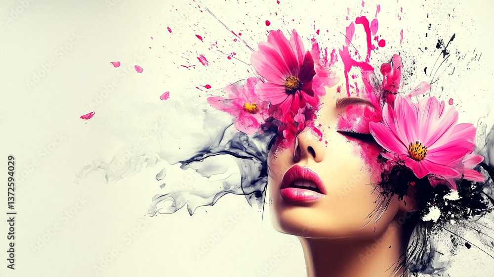 Face of a beautiful girl, wild flowers in her hair, surrealism