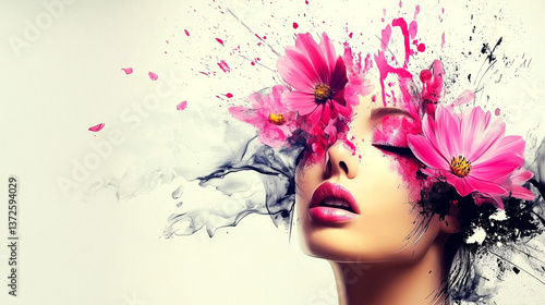 Obraz na płótnie Face of a beautiful girl, wild flowers in her hair, surrealism w salonie