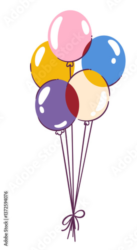 Bunch of colorful cartoon balloons. Festive rainbow helium ballon group on string knot. Birthday party, anniversary gift mascot, yellow, blue, pink balloons cartoon vector illustration