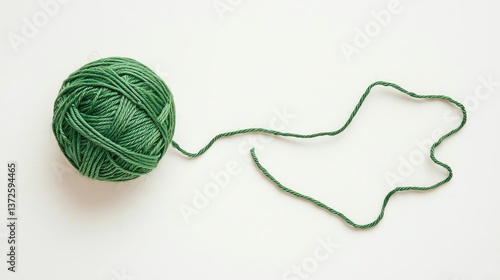 A vibrant green ball of yarn with an unraveling strand on a white background.