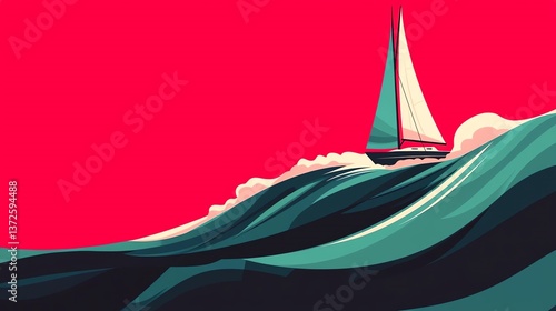 A vibrant illustration of a sailboat navigating through colorful waves.