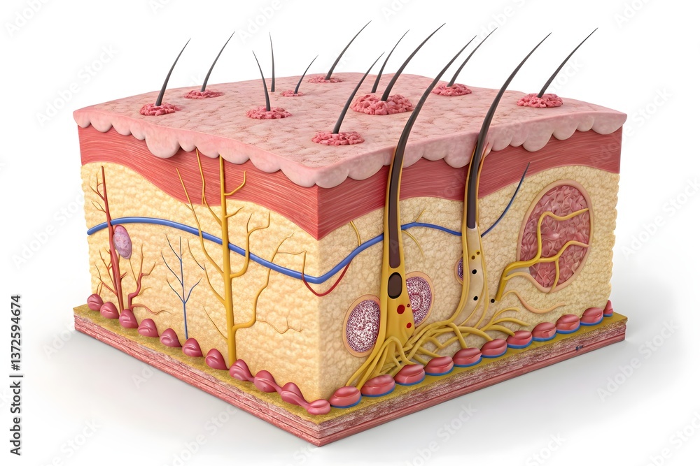 A highly detailed cross-sectional 3D medical illustration of human skin, highlighting the anatomy of hair follicles, sebaceous glands, sweat glands, nerve endings, blood vessels, and subcutaneous fat A highly detailed cross-sectional 3D medical illustration of human skin, highlighting the anatomy of hair follicles, sebaceous glands, sweat glands, nerve endings, blood vessels, and subcutaneous fat