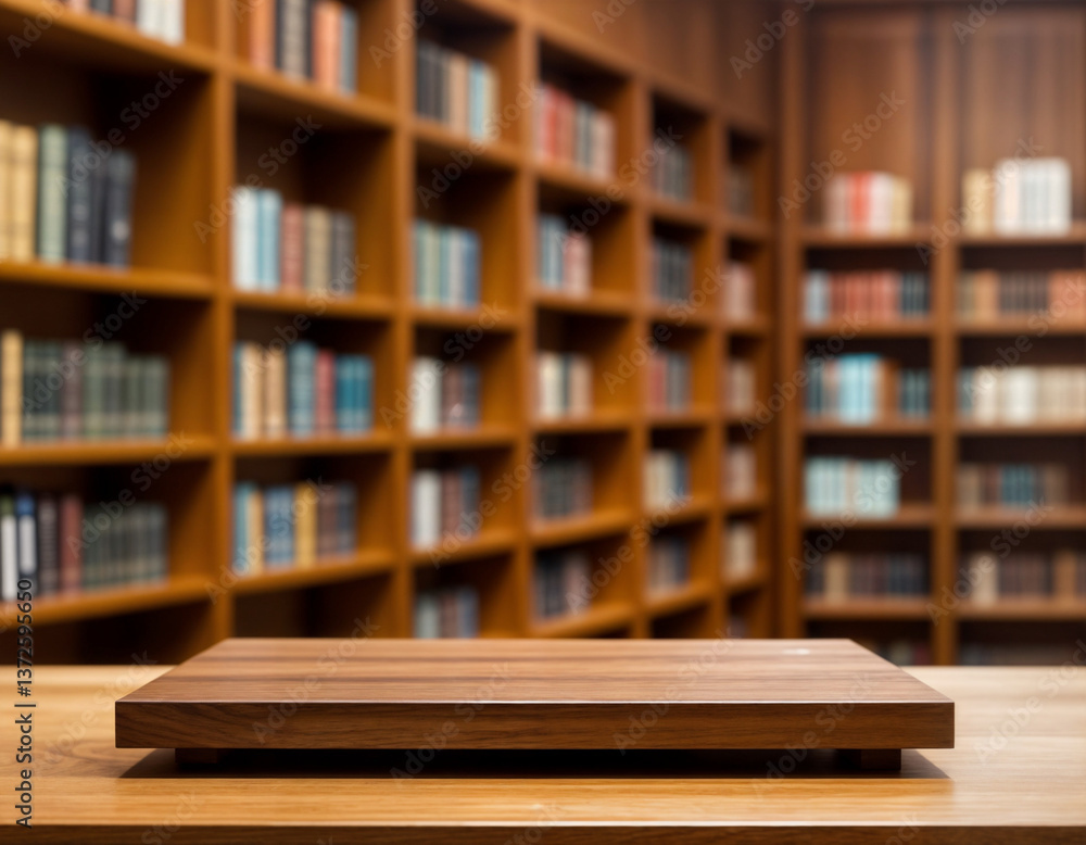 Fototapeta premium Empty wooden desk space platform with library background for product display montage. Education concept.