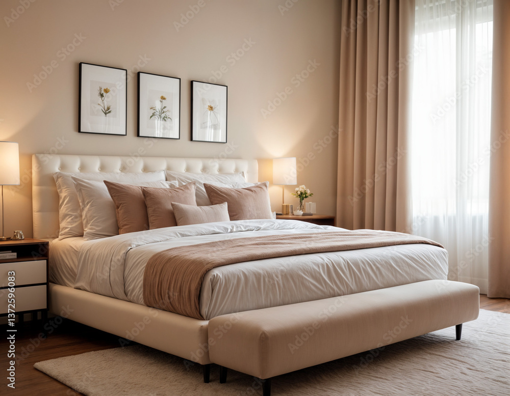 Obraz premium Blurred background of minimalist bedroom interior featuring soft lighting and elegant decor, creating a tranquil and modern atmosphere perfect for relaxation and comfort.