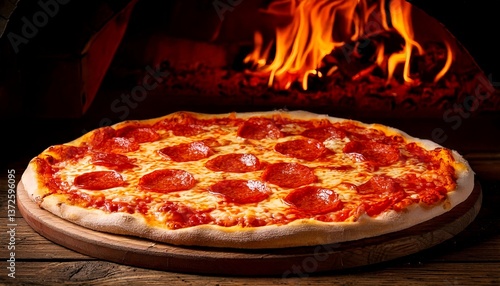 Delicious pepperoni pizza baking in traditional wood fired oven.American pizza.Generative AI	