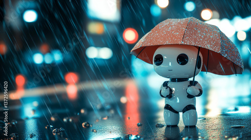 Robot with umbrella in rainy urban environment evening scene photography wet streets colorful lights