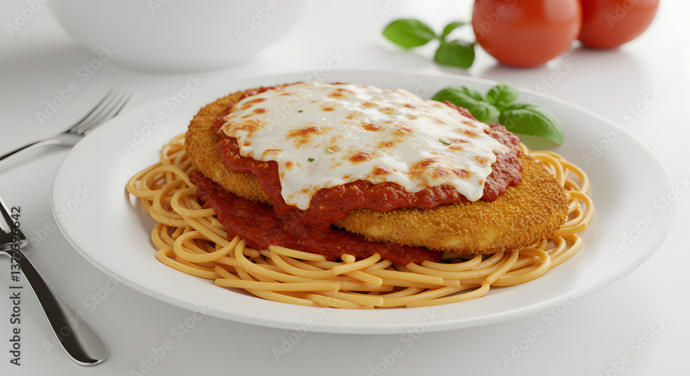 Chicken Parmigiana with Spaghetti on White Plate Chicken Parmigiana with Spaghetti on White Plate