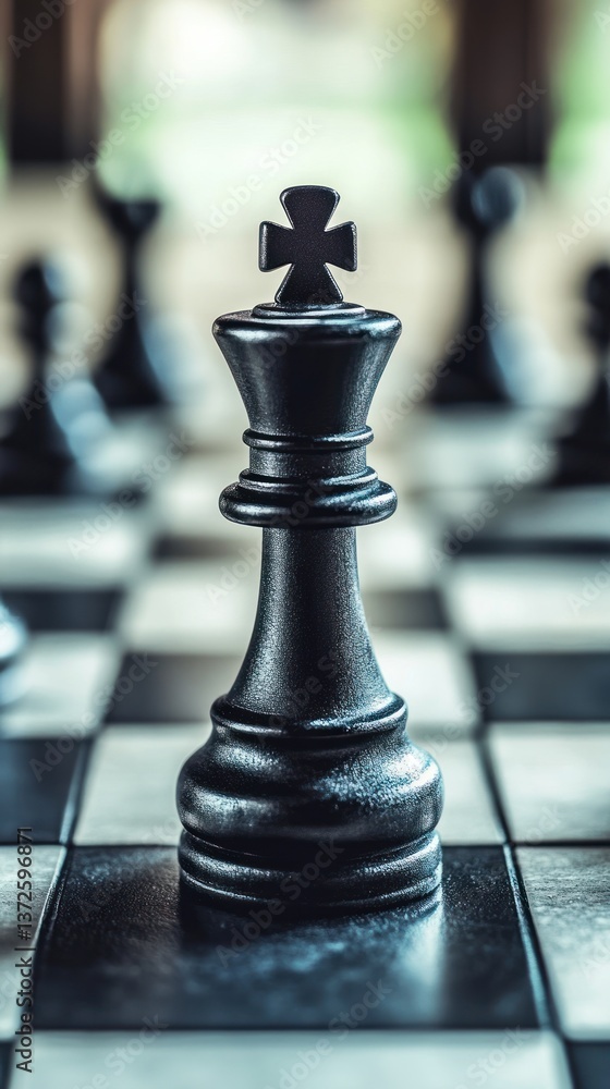 A black chess king piece standing on a checkered chessboard A black chess king piece standing on a checkered chessboard
