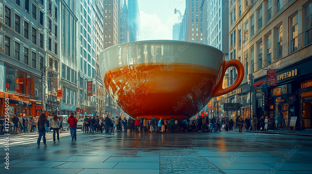 giant cup of espresso the size of the skyscraper in Times Square, the concept of coffee addiction, advertising of invigorating drinks
