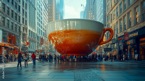 Obraz na płótnie giant cup of espresso the size of the skyscraper in Times Square, the concept of coffee addiction, advertising of invigorating drinks w salonie