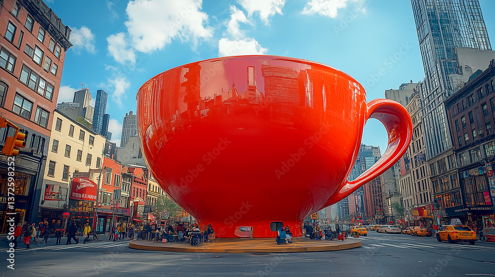 giant cup of espresso the size of the skyscraper in Times Square, the concept of coffee addiction, advertising of invigorating drinks