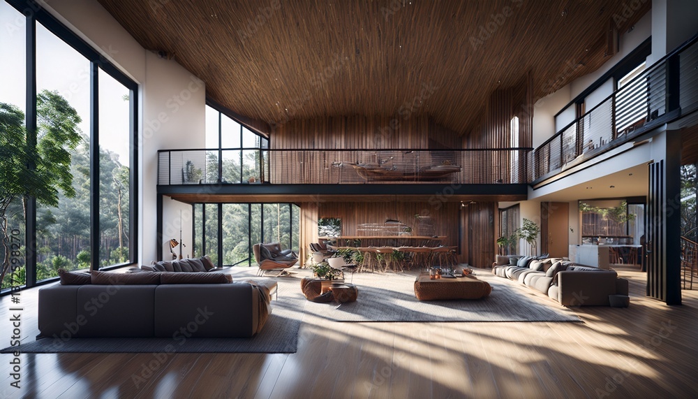 Naklejka premium Modern Industrial Loft with Rustic Charm and Panoramic Views