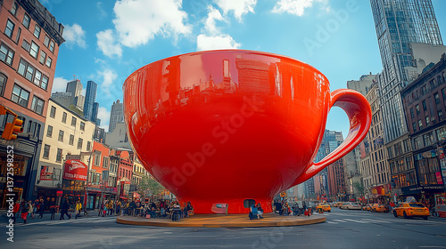 Obraz na płótnie giant cup of espresso the size of the skyscraper in Times Square, the concept of coffee addiction, advertising of invigorating drinks w salonie