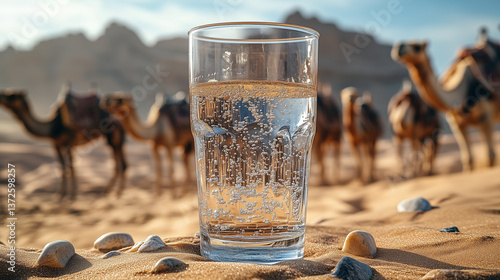 Glass of water close up on sand dune in desert with camel caravan in background, fresh clean water shortage concept