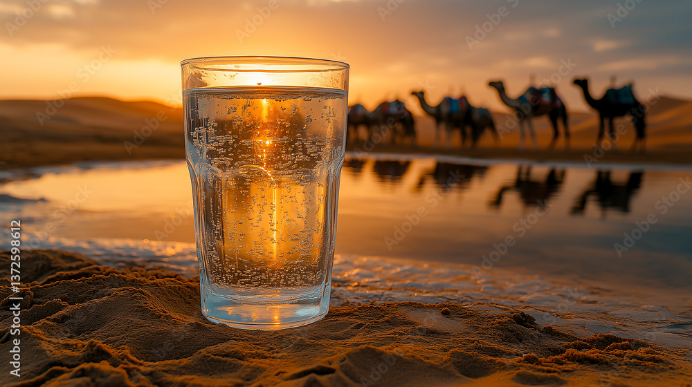Glass of water close up on sand dune in desert with camel caravan in background, fresh clean water shortage concept