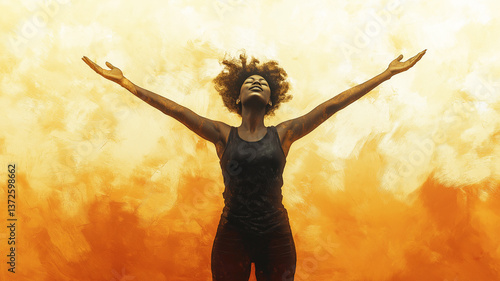 Inspiring Victory: Black Woman Celebrates Success with a Raised Fist and Modern Geometrics

