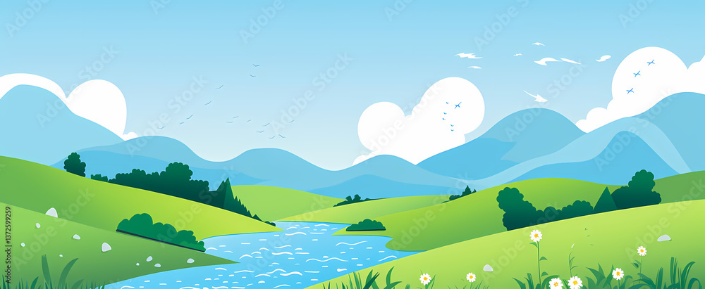 Fototapeta premium Beautiful Summer Landscape with River and Mountains