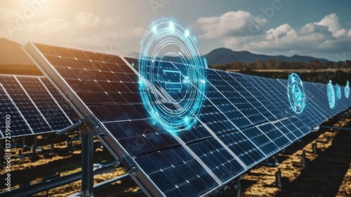 A futuristic AI powered solar farm management system, optimizing energy production and monitoring solar panel health in real-time, renewable energy setting