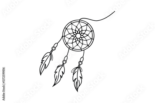 Native American Dreamcatcher Illustration Circular, Feathers, Beads, Design
