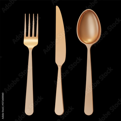 3d realistic gold metal fork, spoon, table knife isolated on black background. Vector illustration. Beautiful gold cutlery. Shiny golden fork, spoon, knife