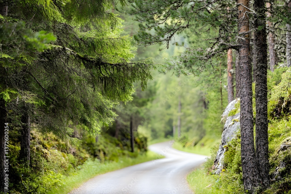 Obraz premium Winding road through a lush green forest, trees lining the path
